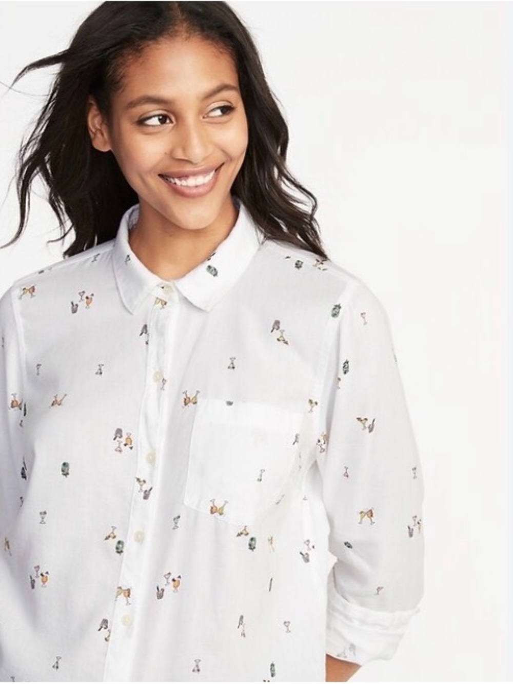 White Button-Down Shirt with Tiny Cocktail Party Prints. Hostess, tailgate.